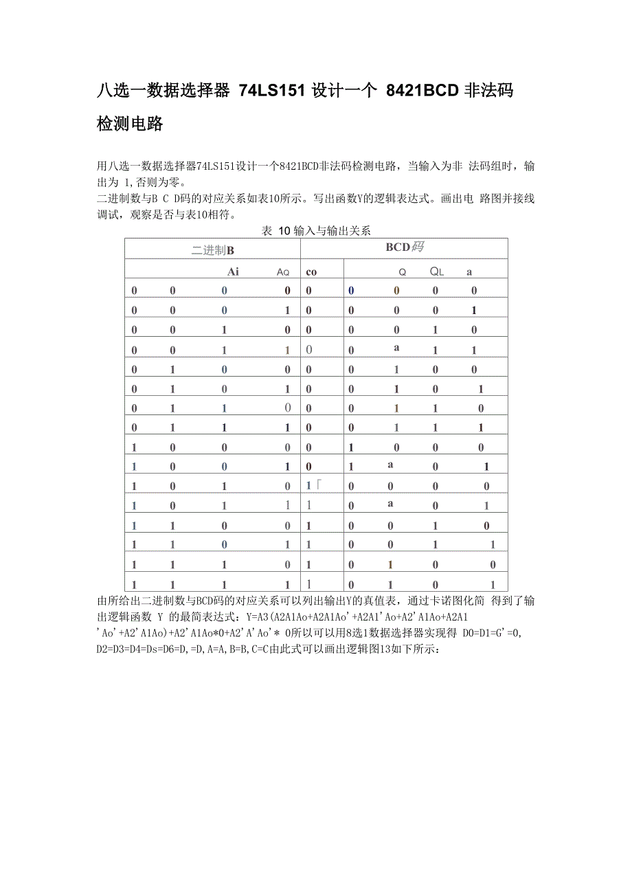 用八选一数据选择器 74LS151 设计一个 8421BCD 非法码检测电路_第1页