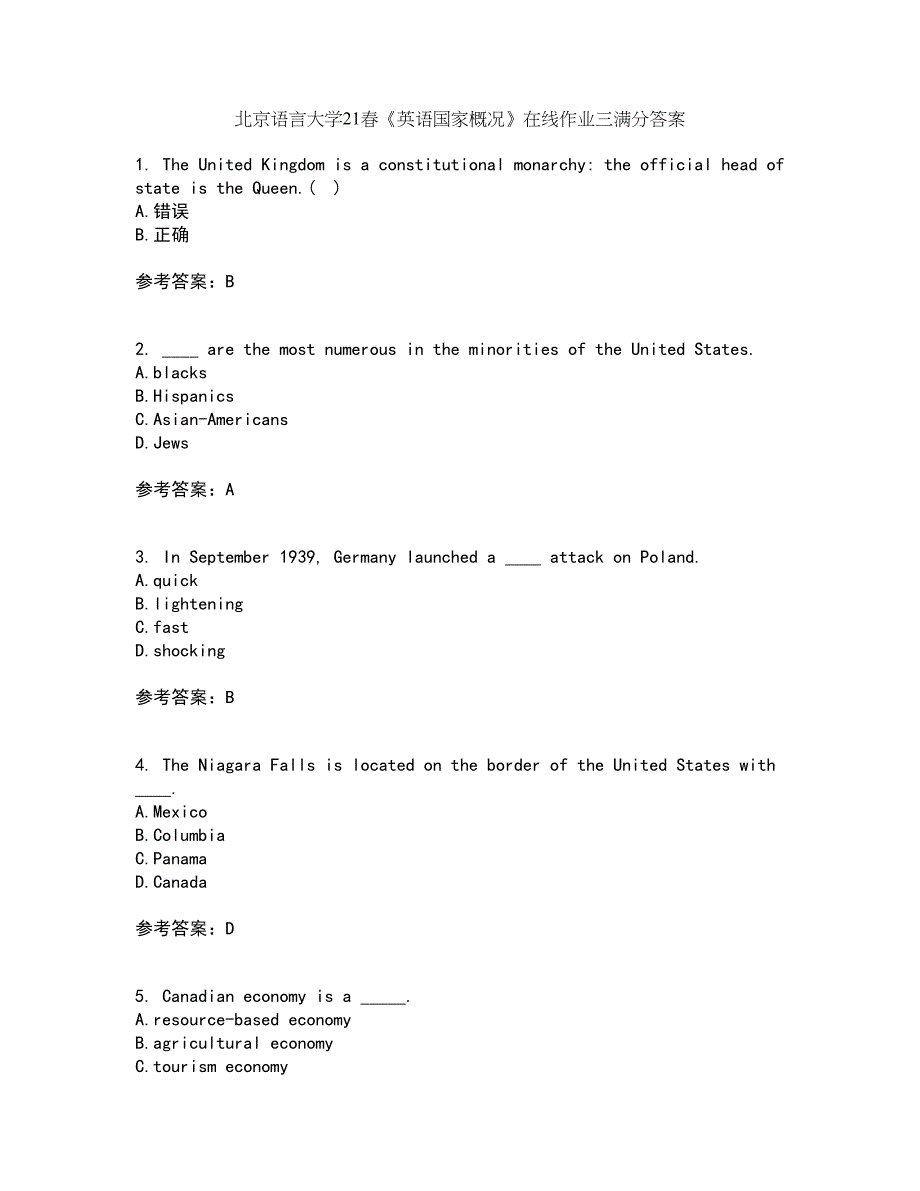 北京语言大学21春《英语国家概况》在线作业三满分答案40_第1页