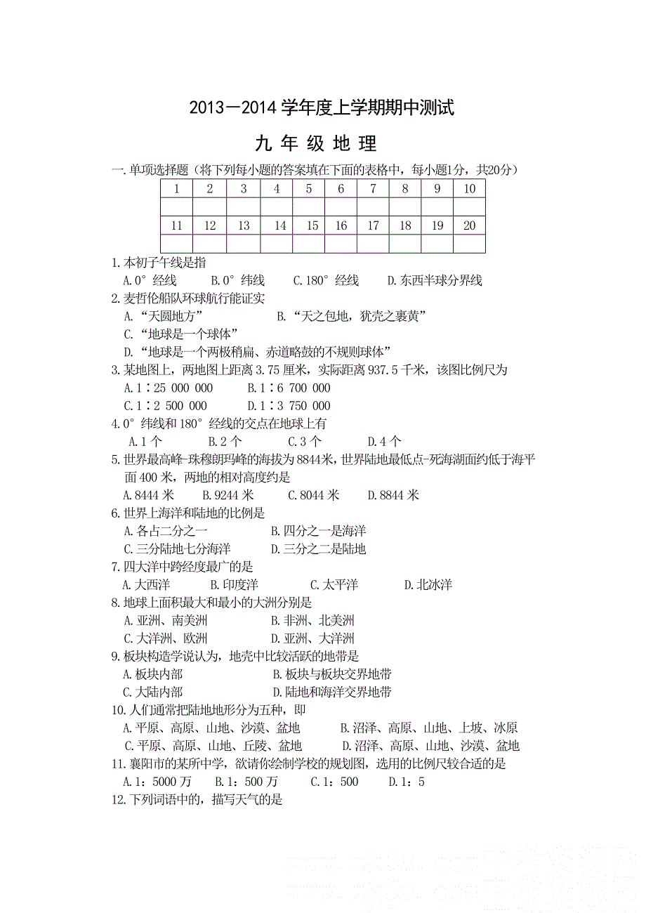 2012-2013学年度上学期九年级地理期中试题2_第1页