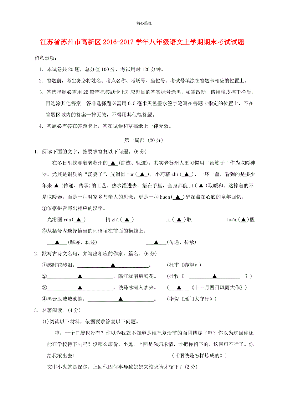 江苏苏州市高新区2017八年级语文上学期期末考试._第1页