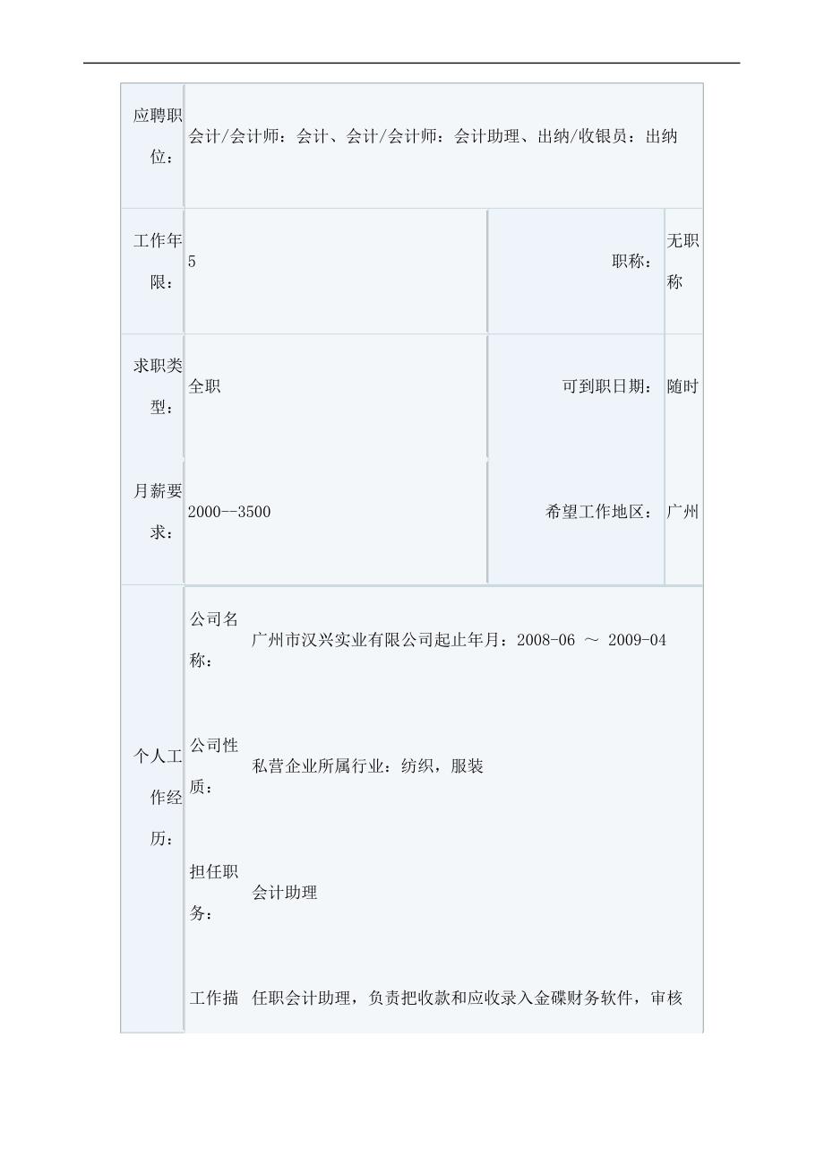 会计出纳简历表格_第2页