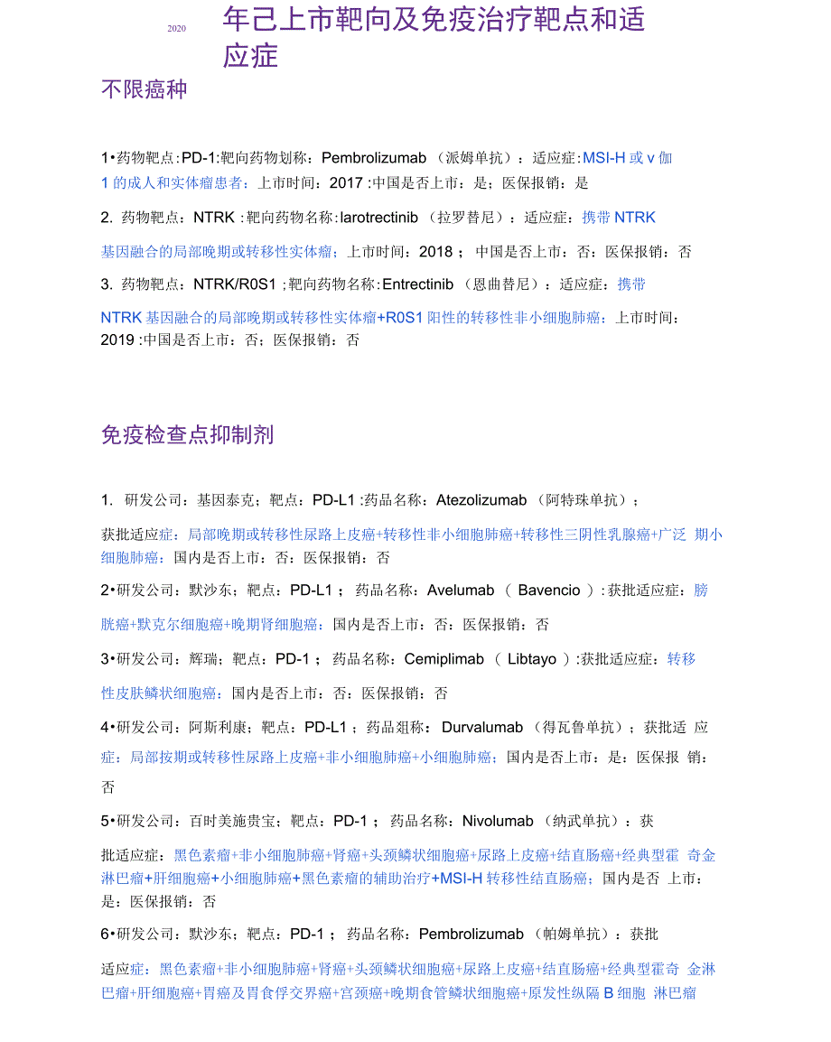 肿瘤靶向及免疫治疗靶点和适应症_第1页
