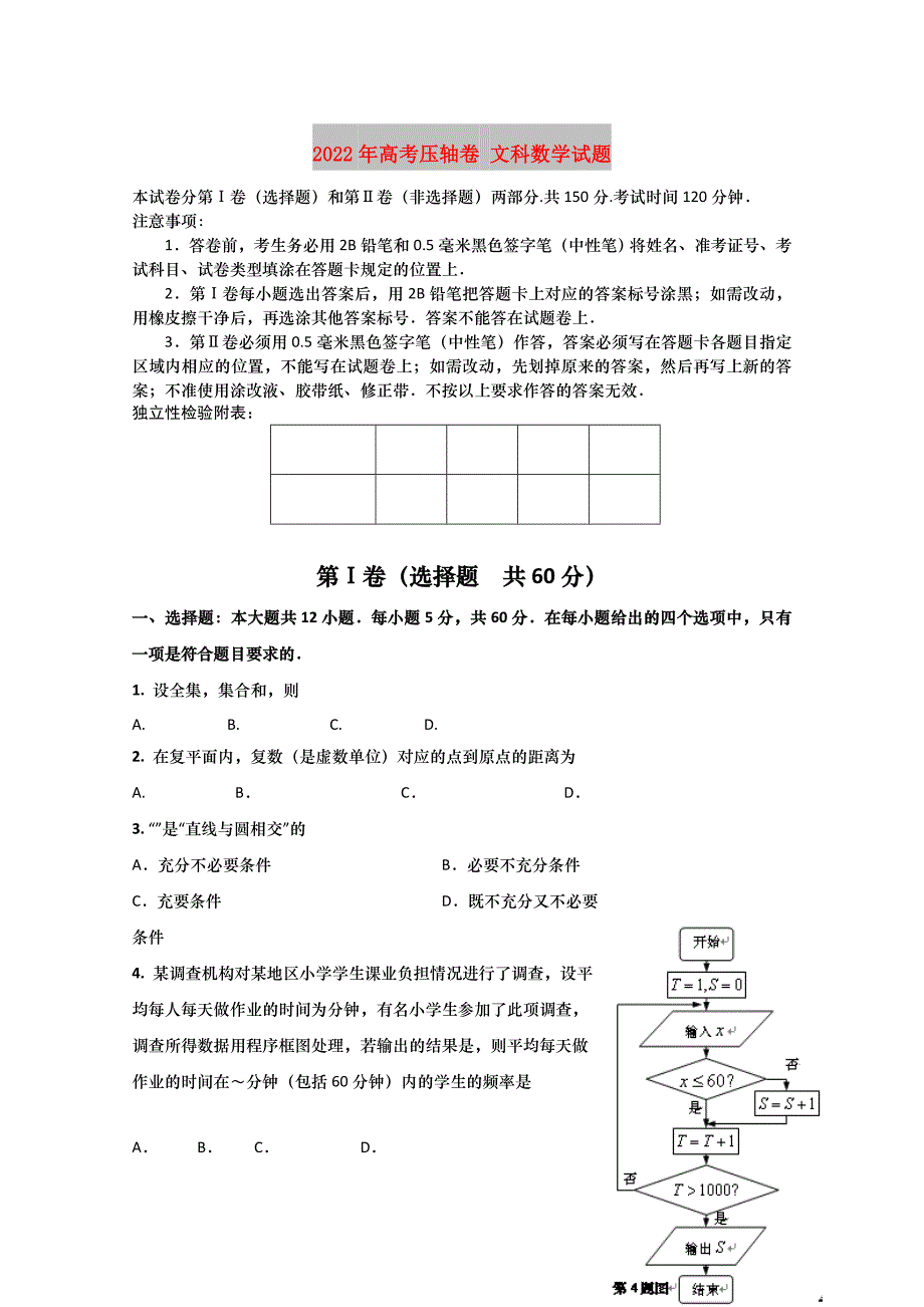 2022年高考压轴卷 文科数学试题_第1页