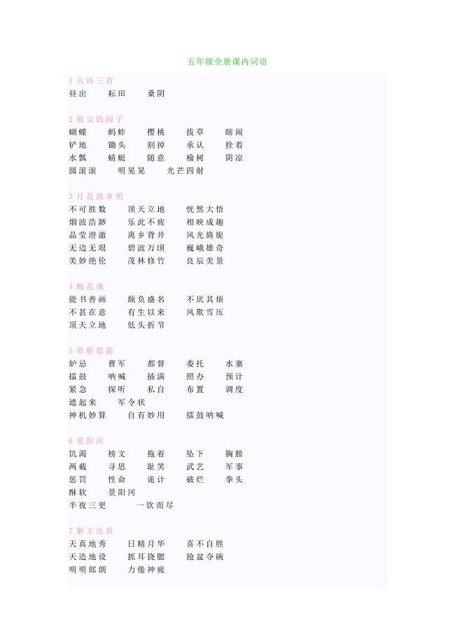 部编版五年级下册语文期末复习之 课内词语全册汇总