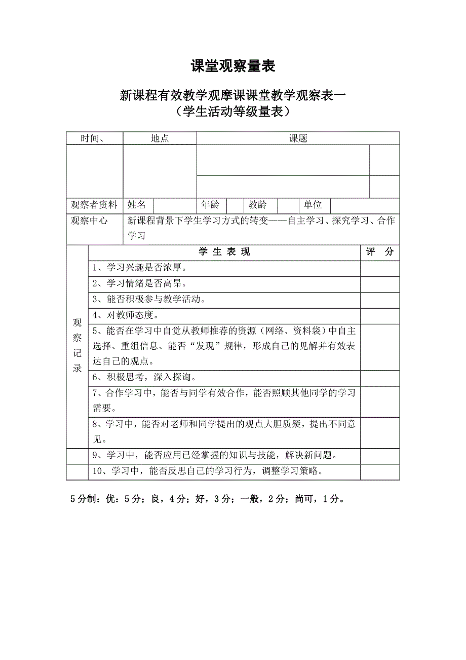 五个课堂观察量表_第1页