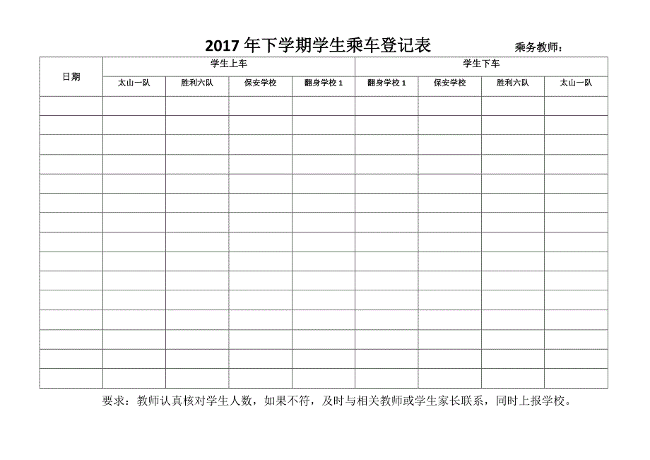 2017年下学期学生乘车登记表乘务教师_第1页