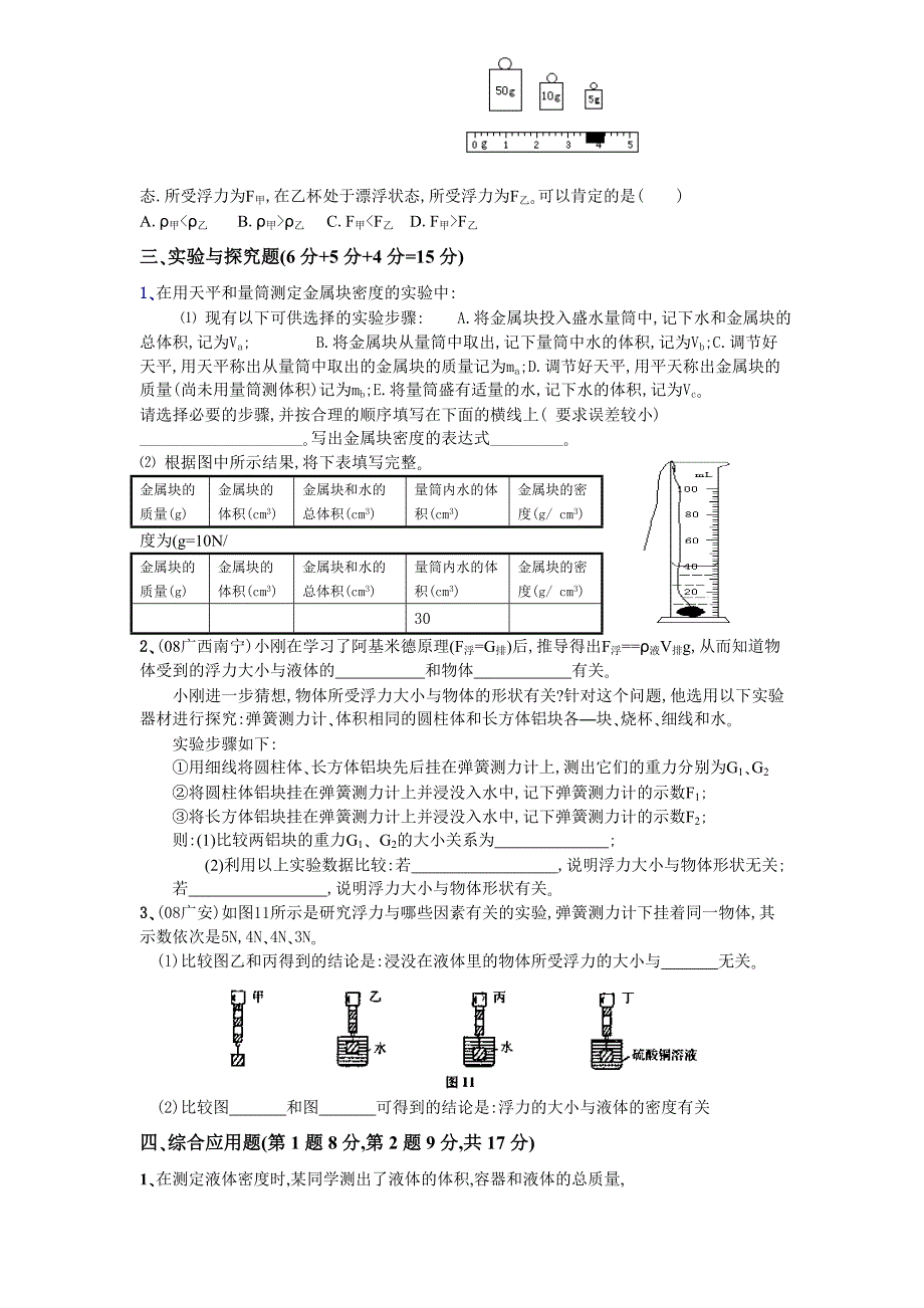 初三物理复习试题-密度与浮力考试.doc_第3页