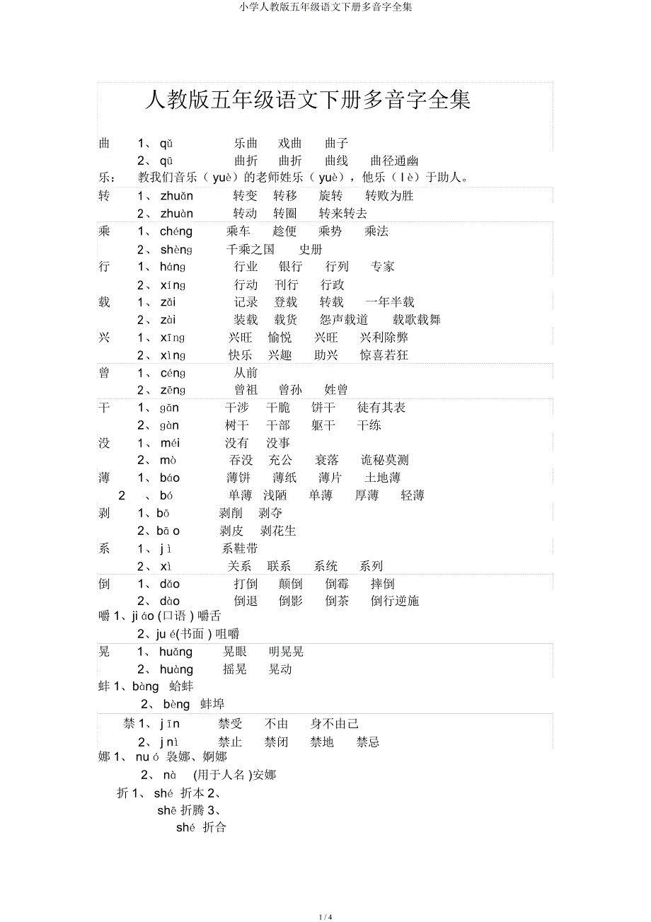 小学人教五年级语文下册多音字全集.docx_第1页