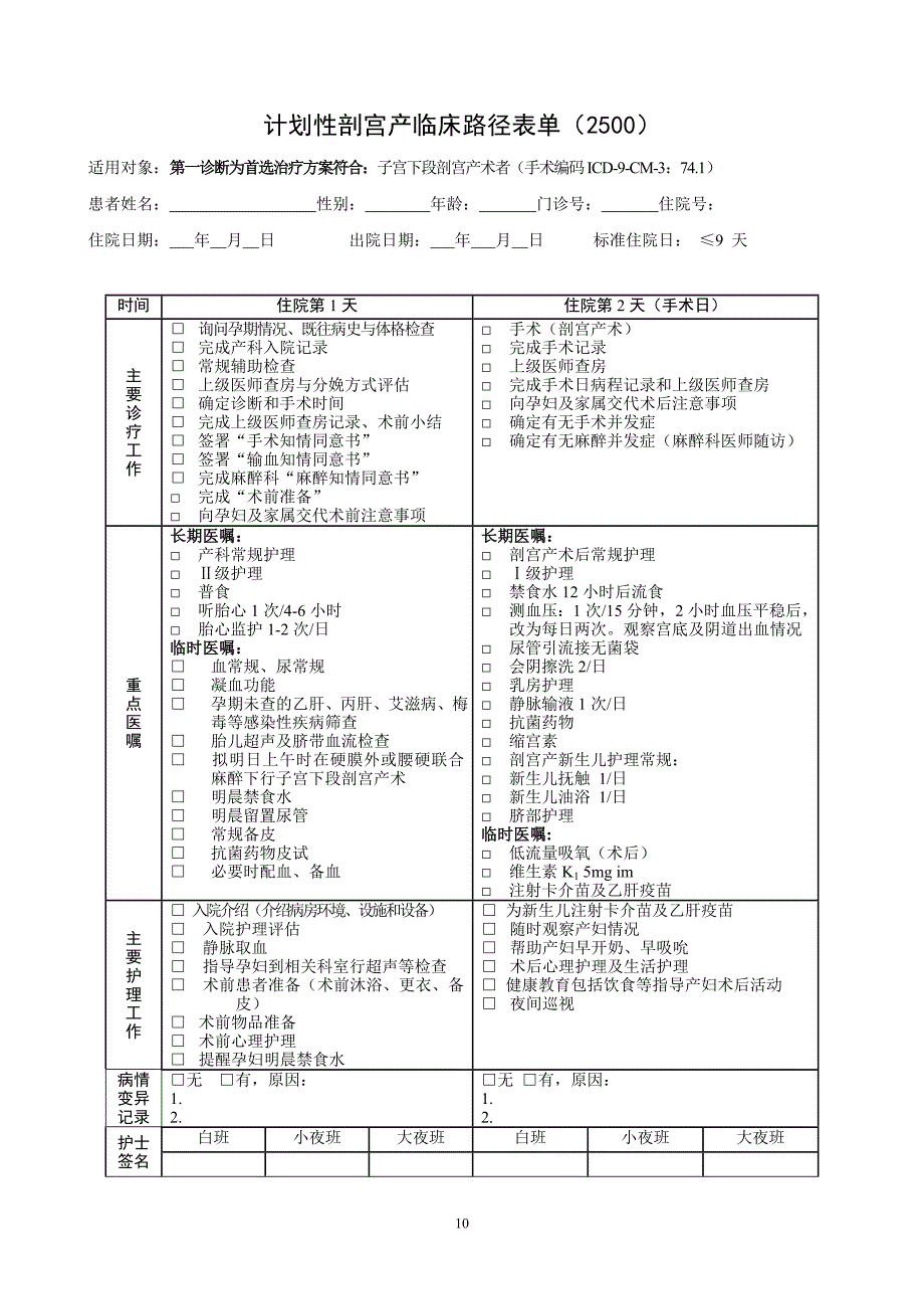 计划性剖宫产临床路径表单_第1页