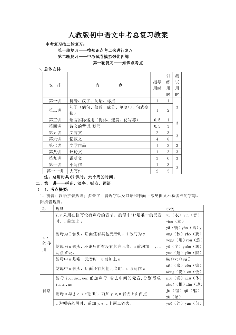 人教版初中语文中考总复习教案.doc