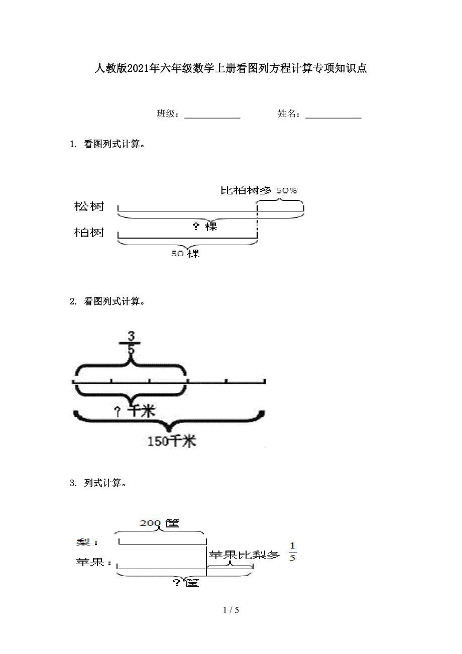 人教版六年级数学上册看图列方程计算专项知识点_第1页