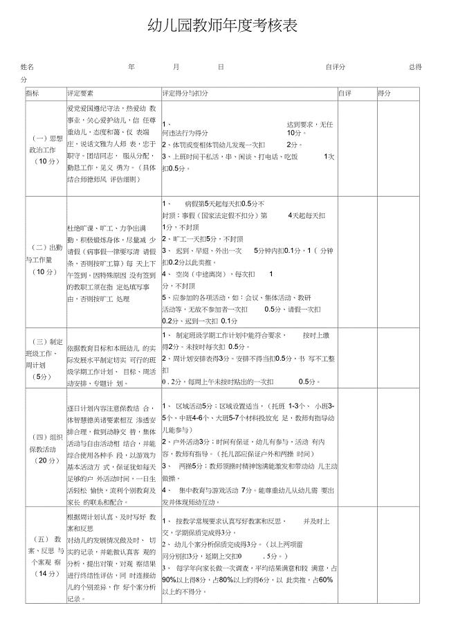 幼儿园教师年度考核表