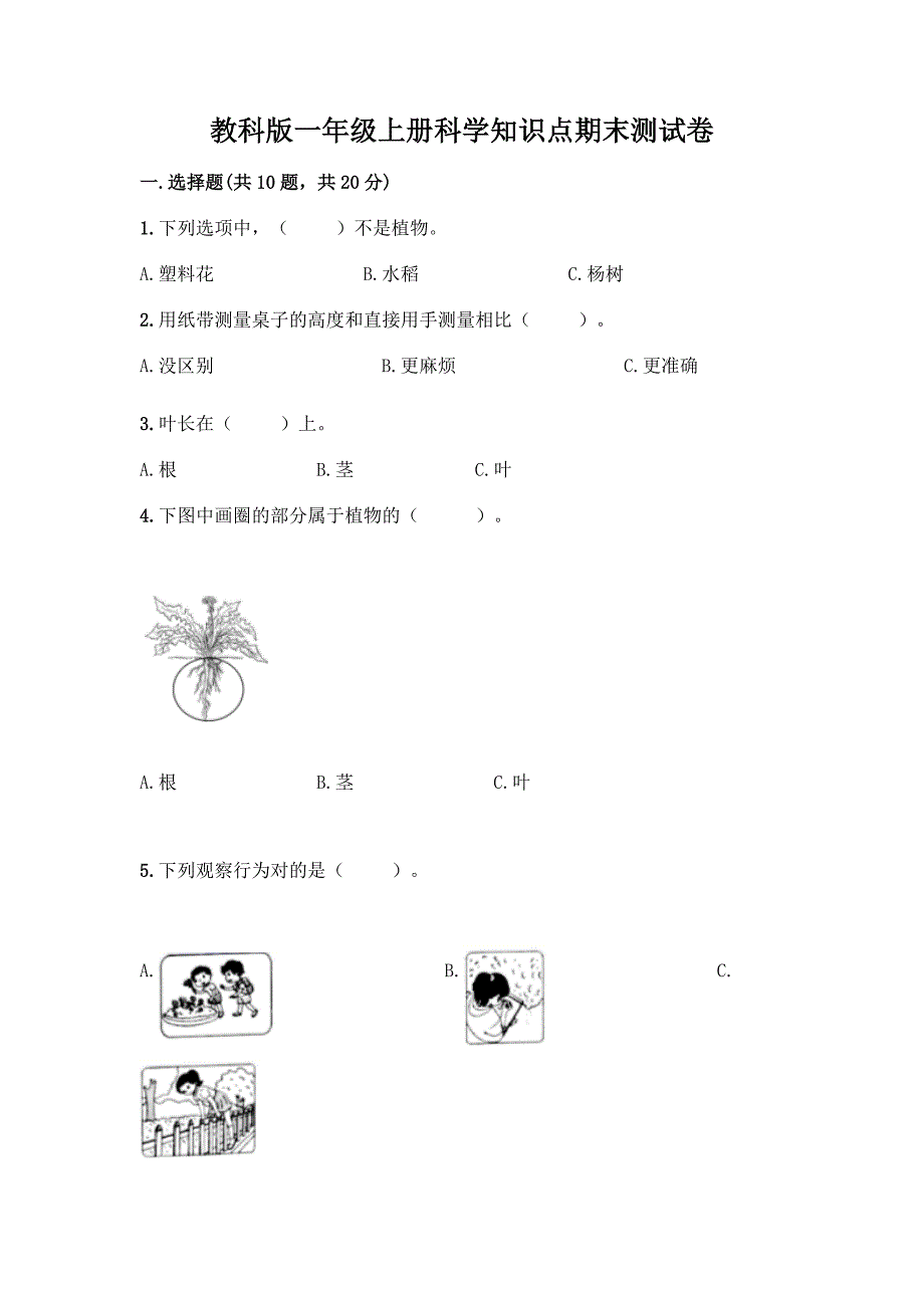 教科版一年级上册科学知识点期末测试卷(考点提分).docx_第1页