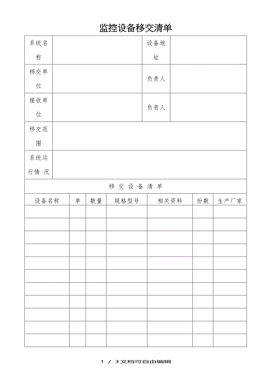 监控设备移交清单(样表)_第1页