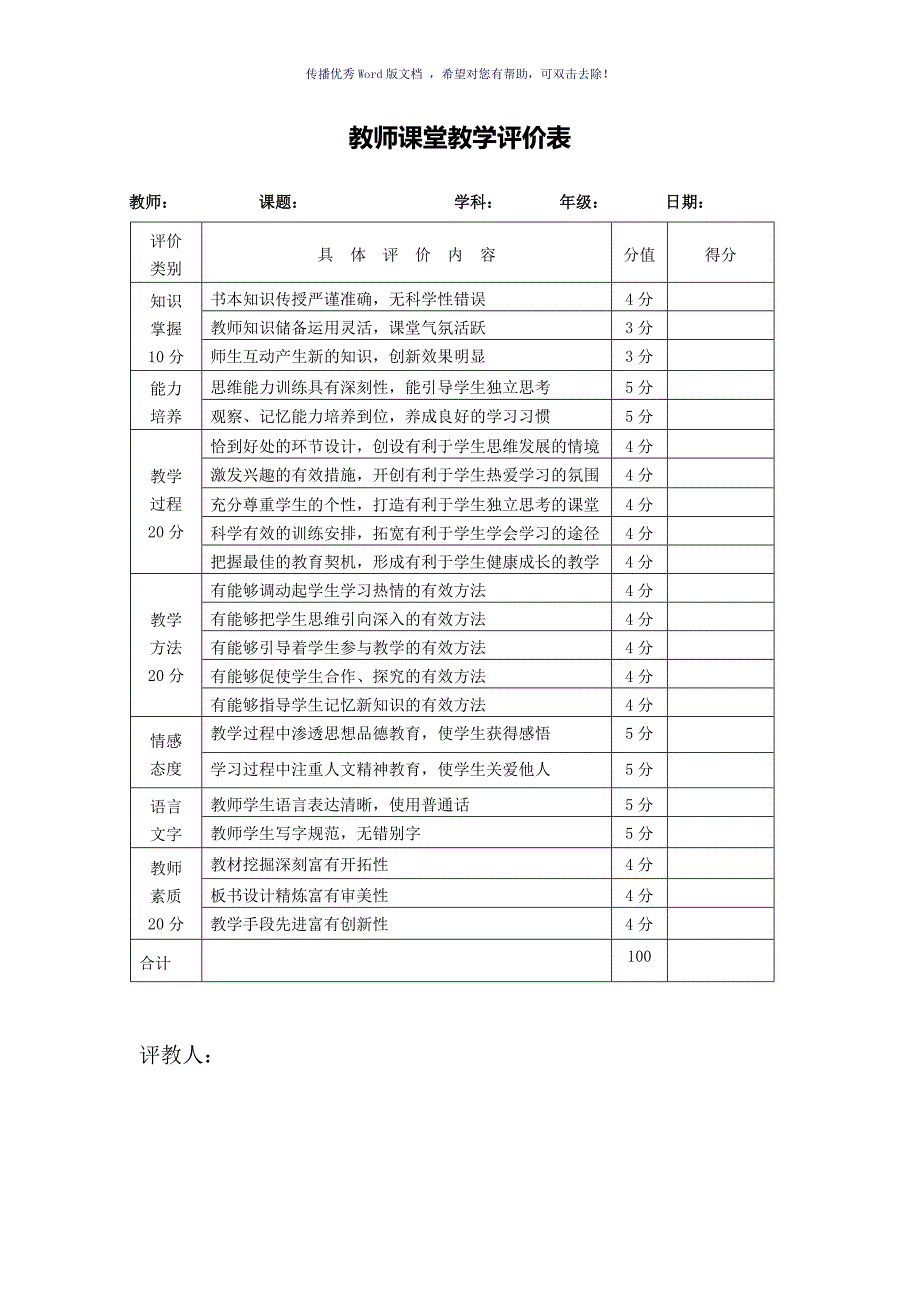 教师课堂教学评价表(量表)Word版_第1页