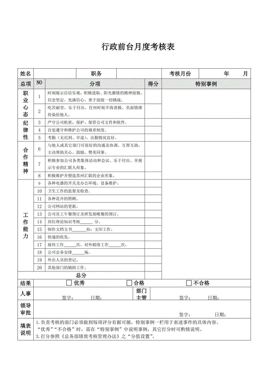 前台行政专员人事部财务部绩效考核表_第1页