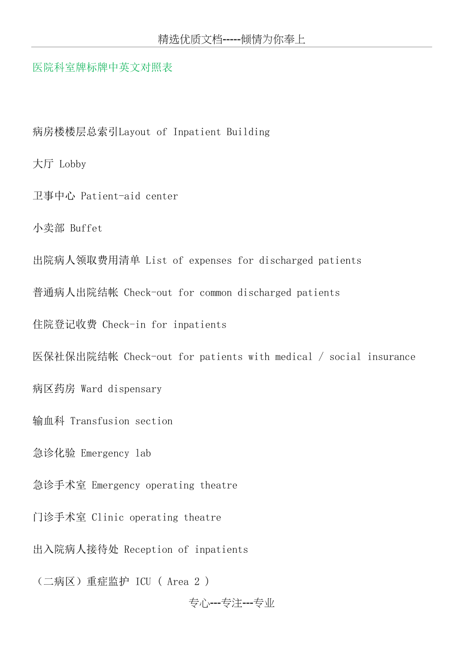 医院科室牌标牌中英文对照表_第1页