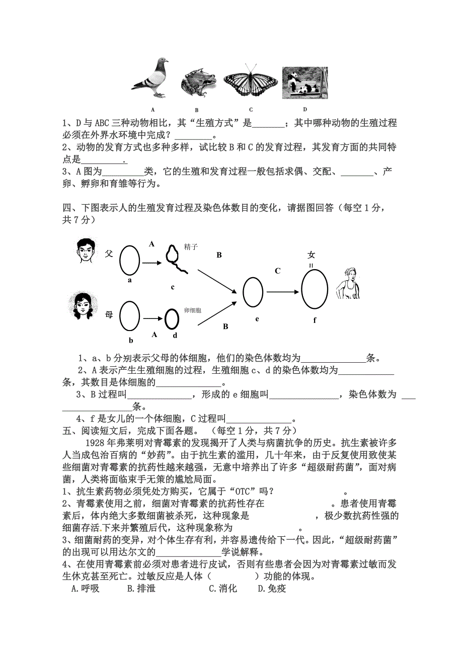 八年级生物下册期末试题_第4页