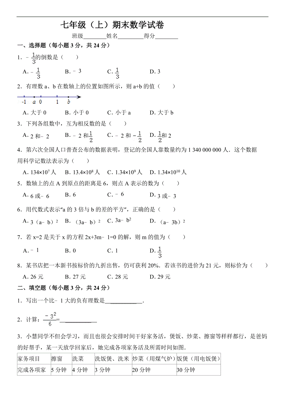 七年级(上)期末数学试卷1_第1页