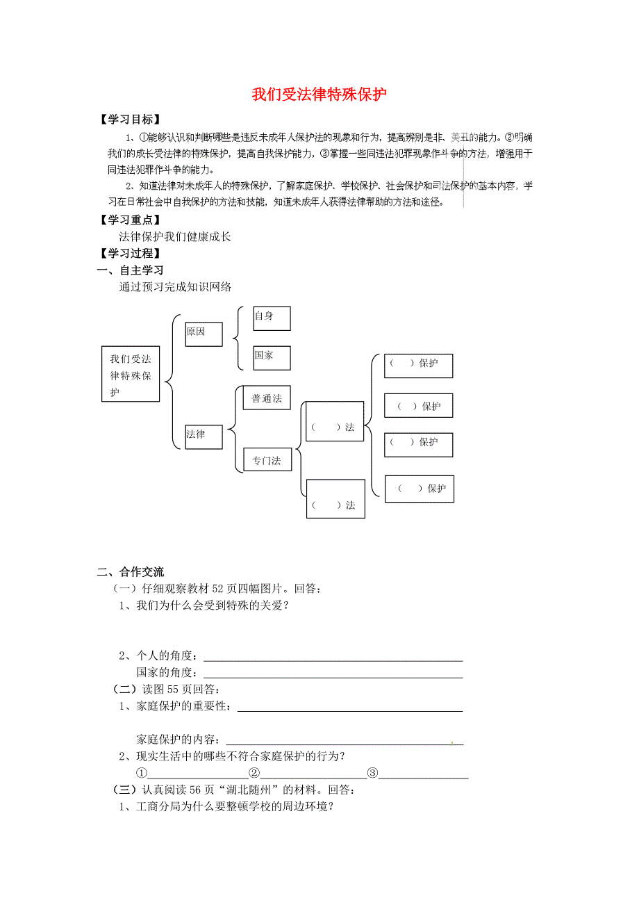 河南省濮阳市第六中学七年级政治下册 第16课 第一框 我们受法律特殊保护导学案（无答案） 鲁教版_第1页