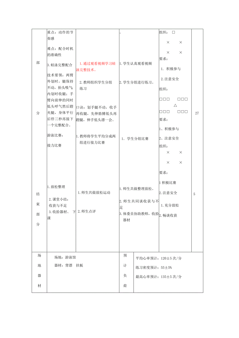 新人教版五至六年级体育下册选用教材可替换为校本内容游泳4.蛙泳完整动作公开课教案6_第3页