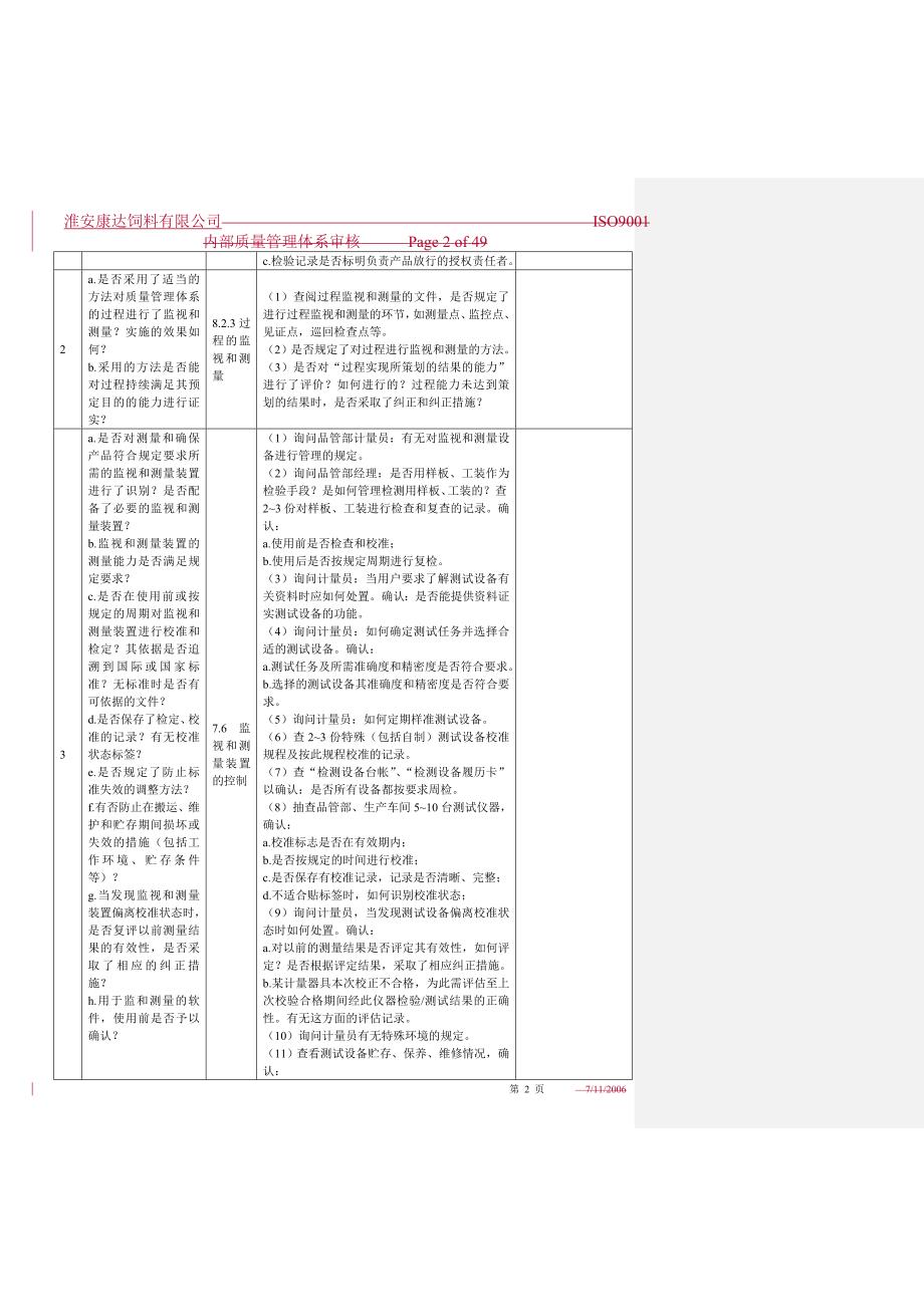 iso9000内部审核检查表企业内审质量体系_第2页