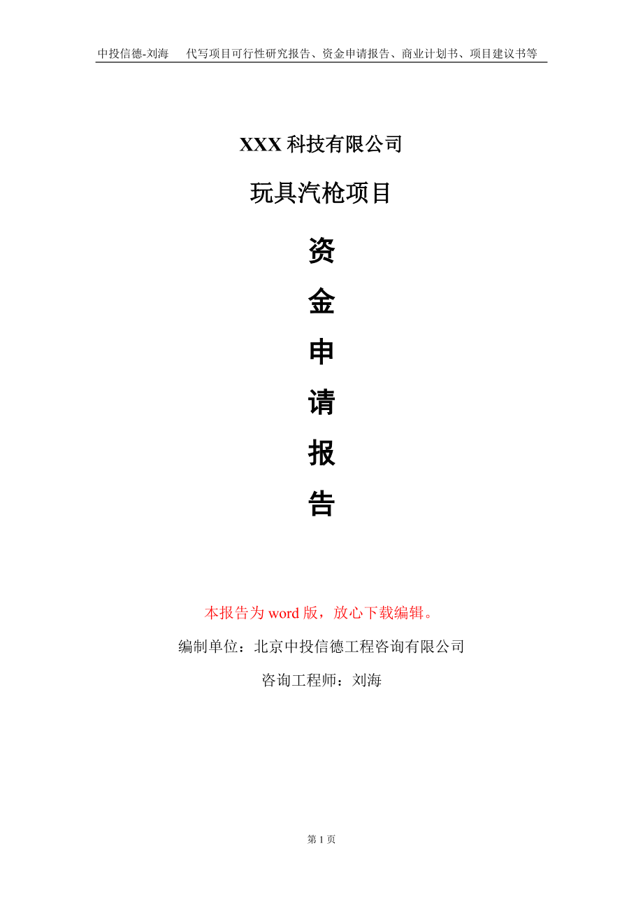 玩具汽枪项目资金申请报告写作模板-定制代写_第1页