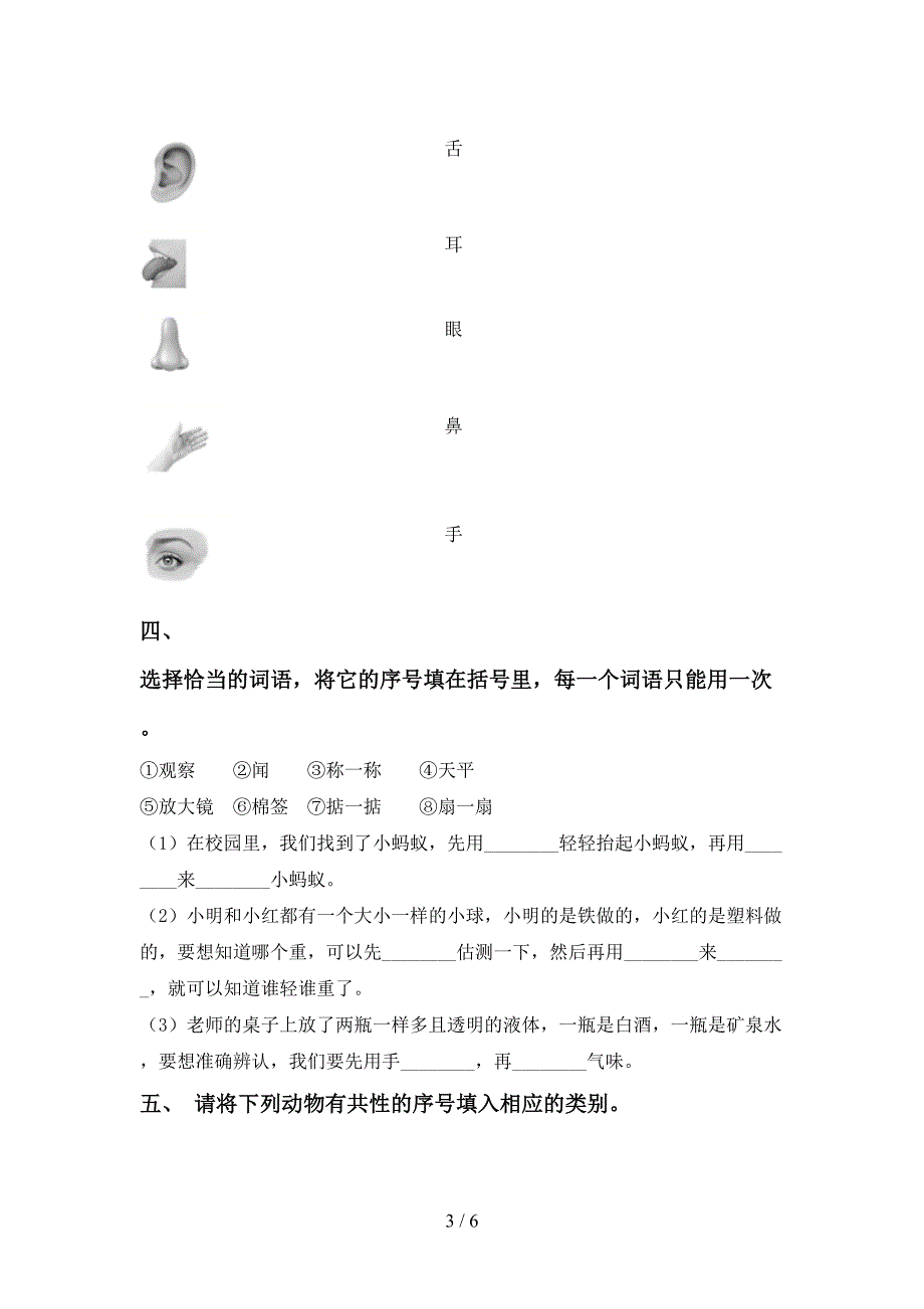 小学一年级科学(上册)期中综合检测卷及答案.doc_第3页