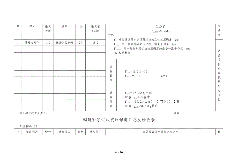 砌筑砂浆试块抗压强度汇总与验收表_第4页