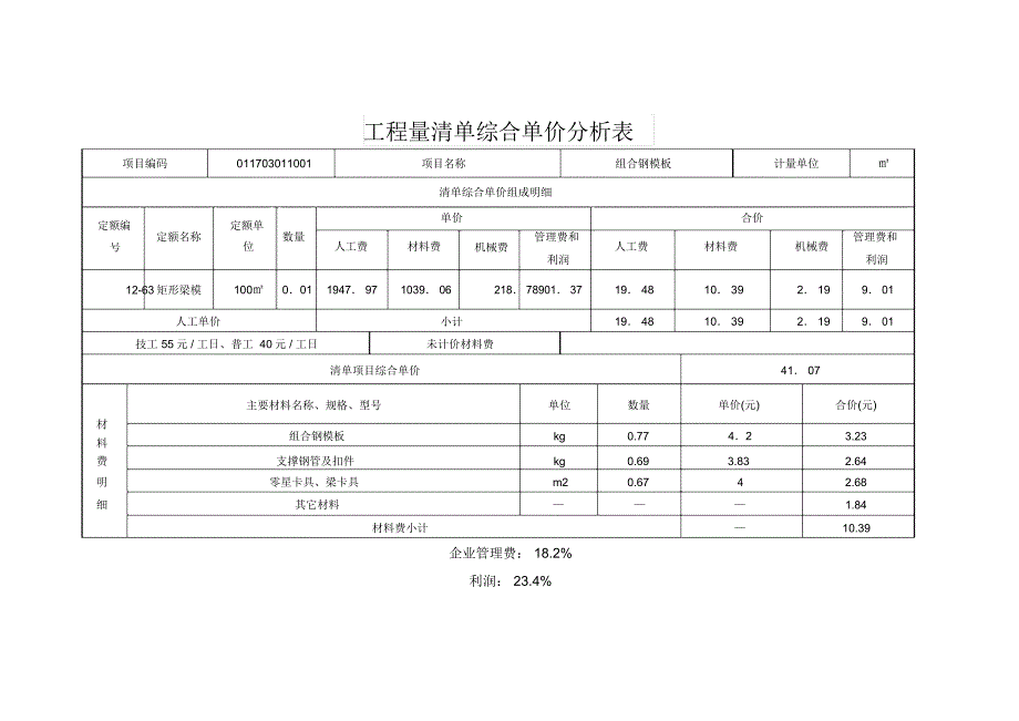 综合单价分析表模板_第1页