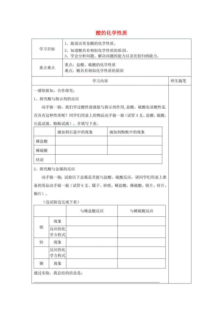 河北省唐山市滦南县青坨营镇初级中学九年级化学全册基础实验8酸的化学性质学案无答案新版沪教版_第1页