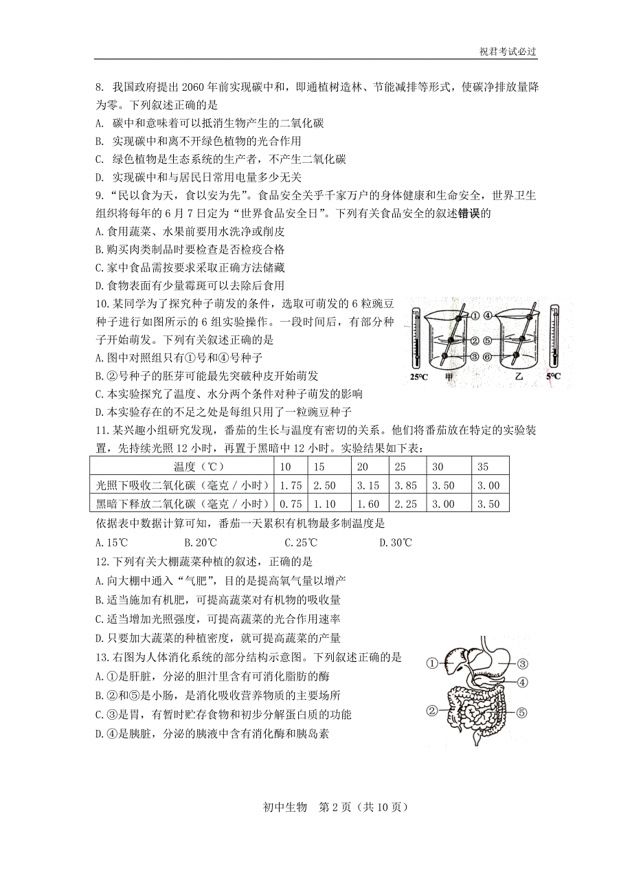 2021年江苏省苏州市中考生物--真题(WORD-有答案)_第2页