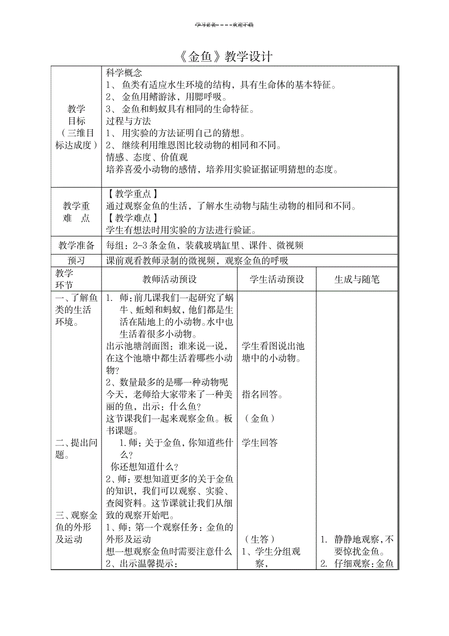 教科版小学科学三年级上册《金鱼》教学设计教学设计_小学教育-小学课件_第1页