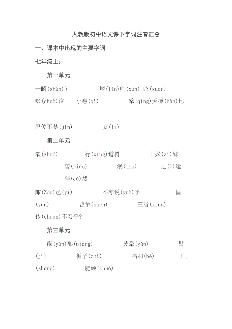 人教版初中语文字词注音汇总_第1页