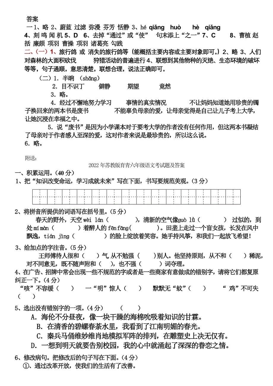 2022年苏教版育青六年级语文考试题及答案 (II)_第5页