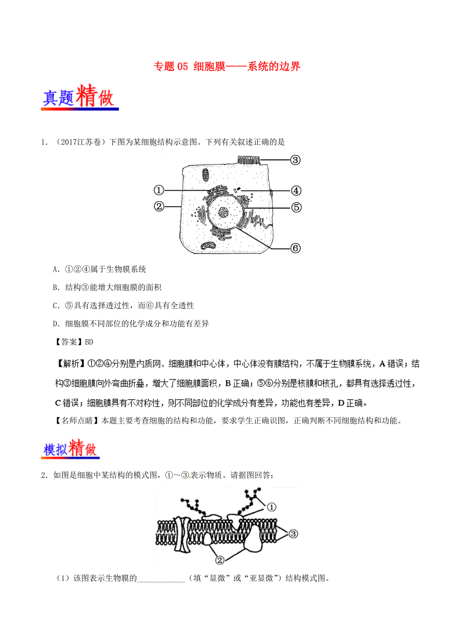 高中生物 专题05 细胞膜——系统的边界试题君大题精做 新人教版必修1_第1页