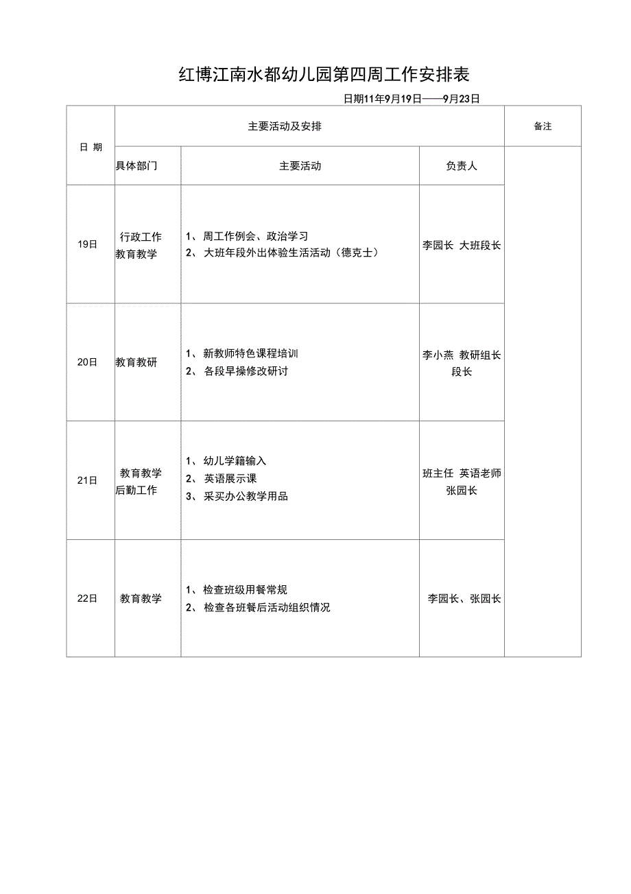 幼儿园周工作安排表讲课讲稿_第4页