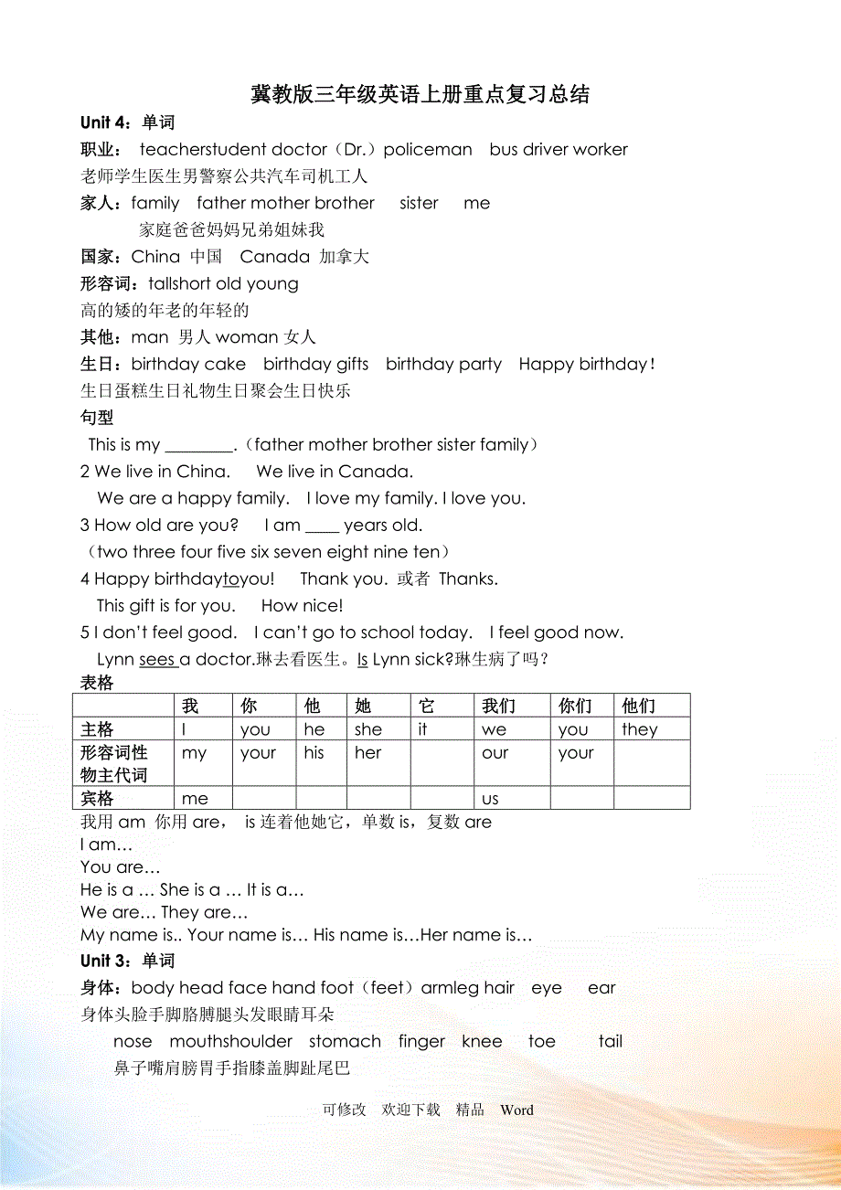 冀教版三年级英语上册重点复习总结_第1页