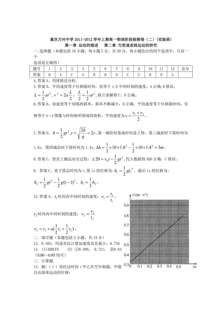 重庆万州中学2011-2012学年上期高一物理阶段检测卷（二）(实验班)_第5页