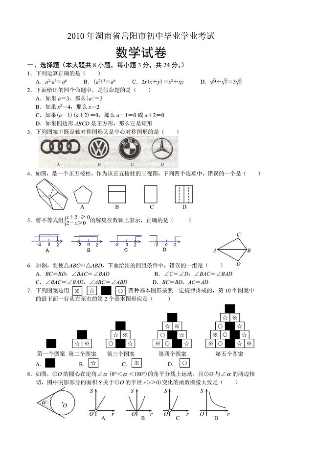 2010年湖南省岳阳市中考数学试题.doc