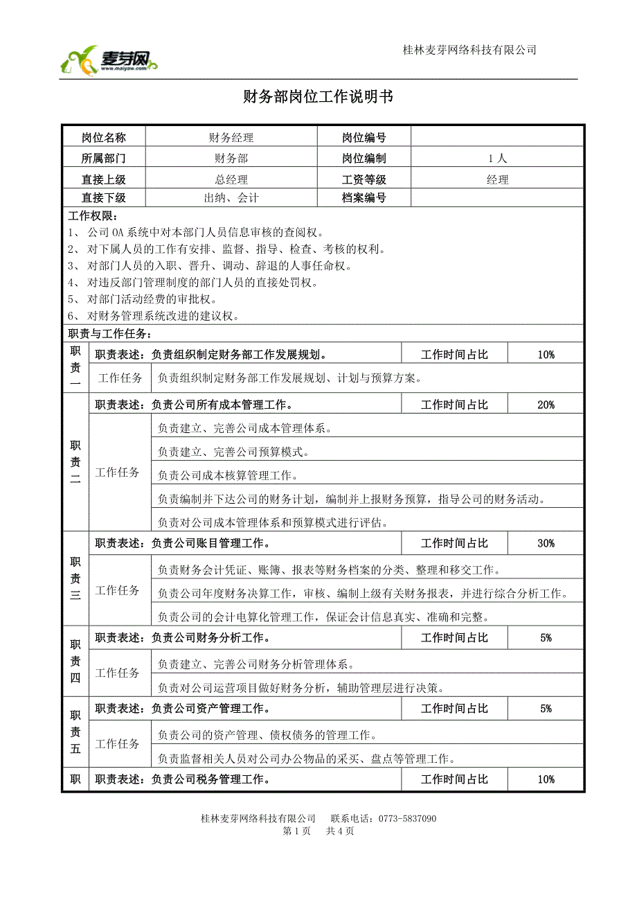 财务经理岗位说明书.doc_第1页