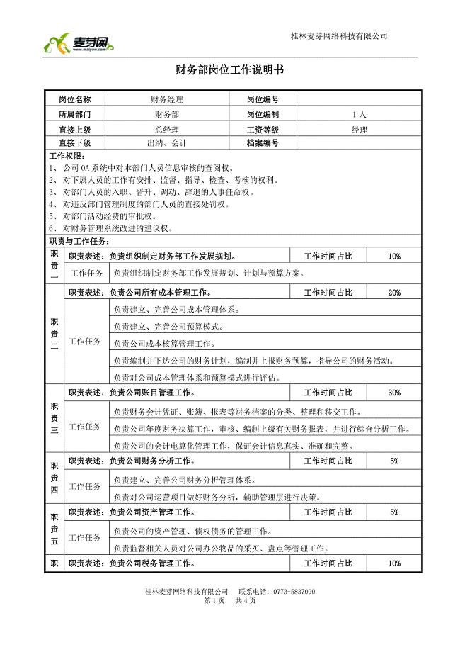 财务经理岗位说明书.doc