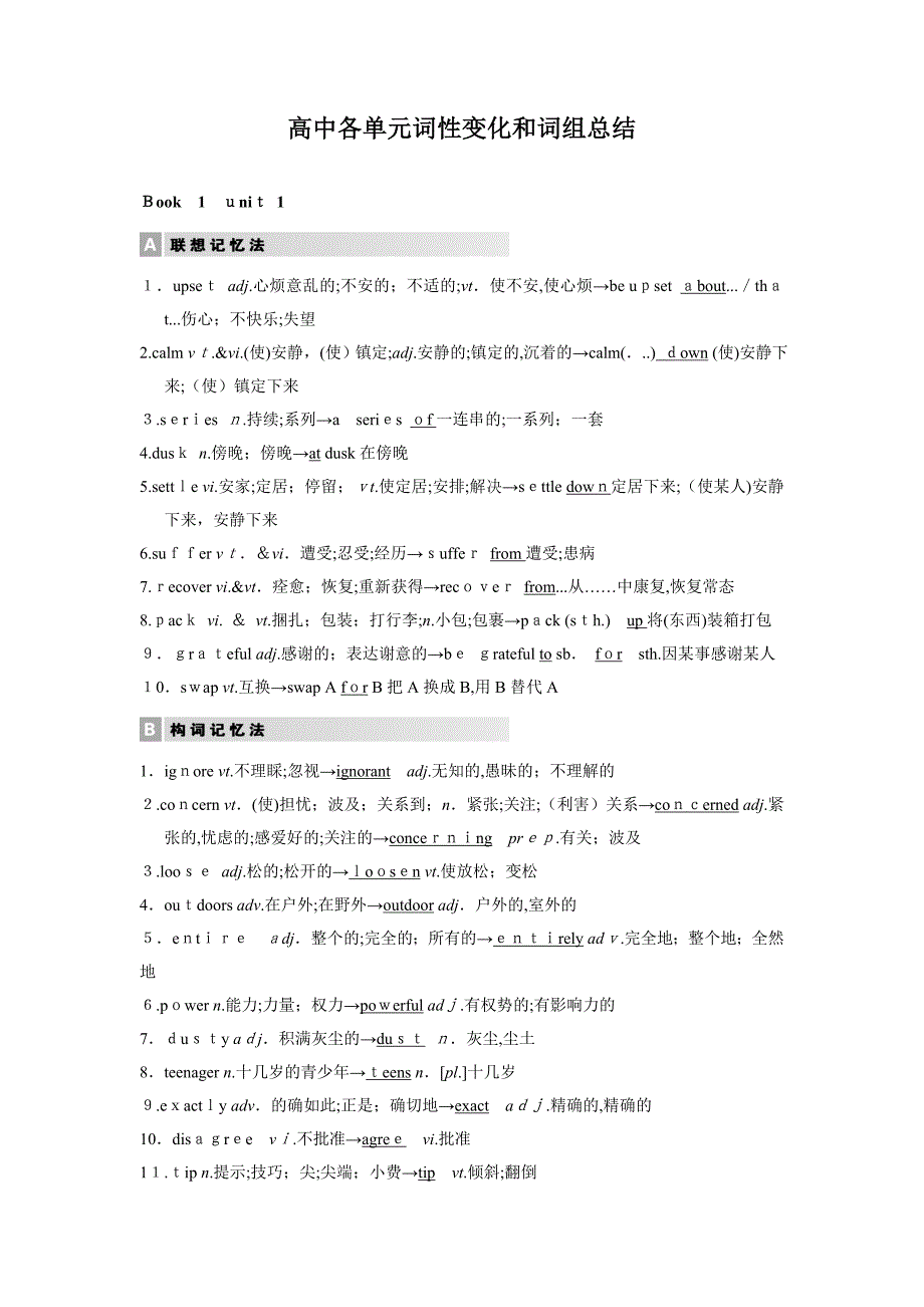 高中各单元词性变化和词组总结(必修一至五)_第1页