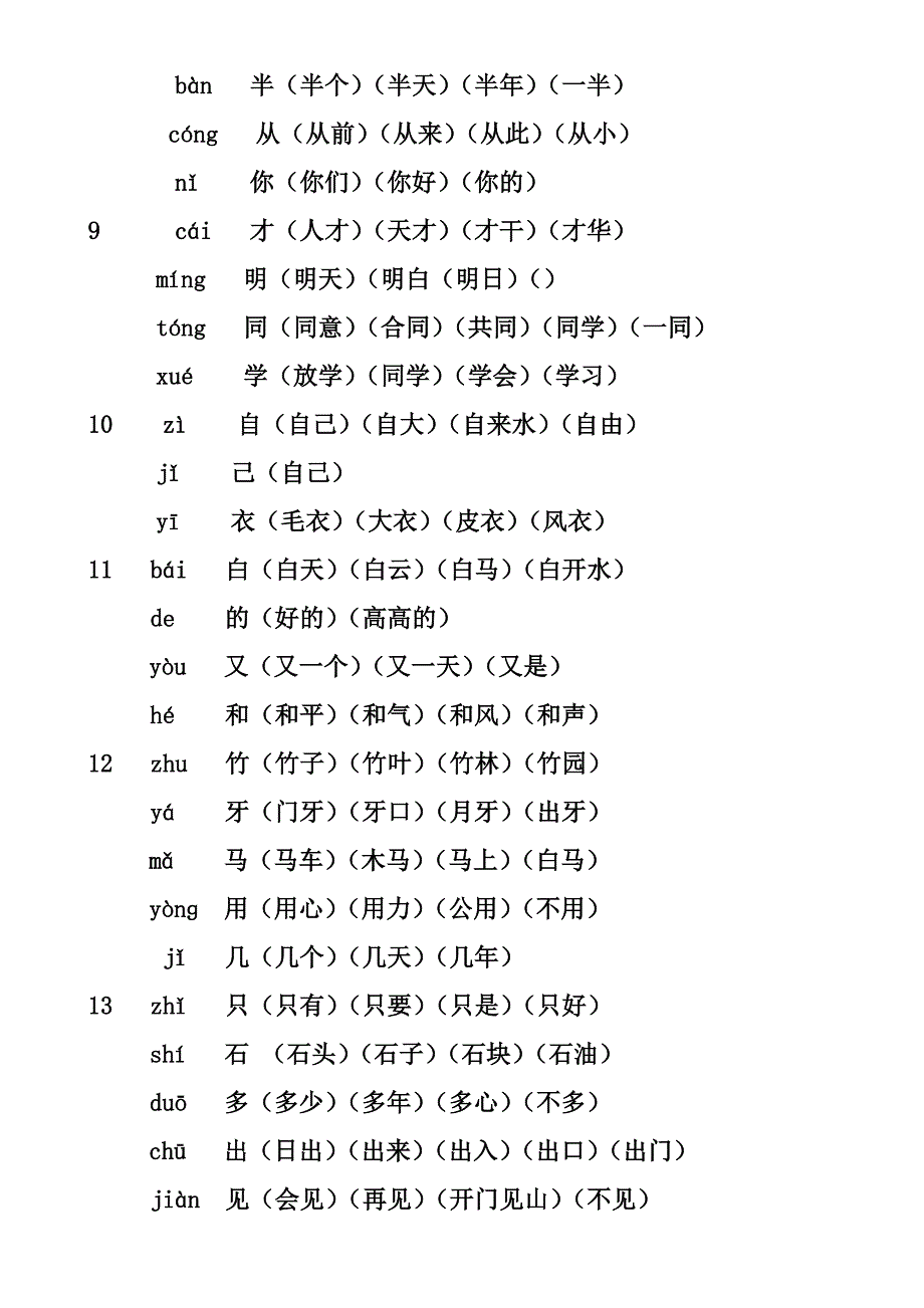 部编本一年级上册写字表生字及组词_第4页