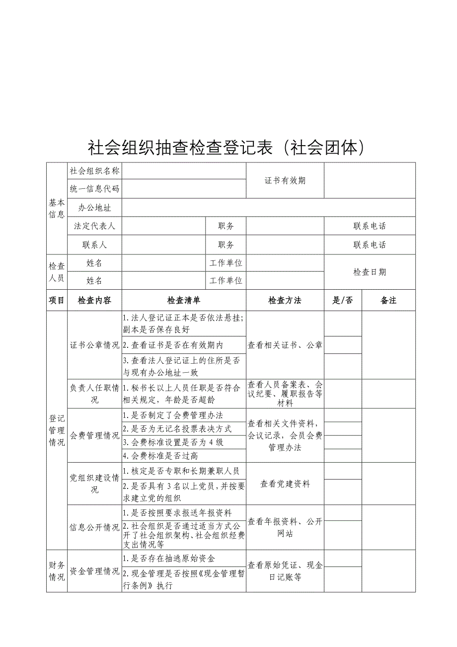 社会组织抽查检查登记表（社会团体）_第1页