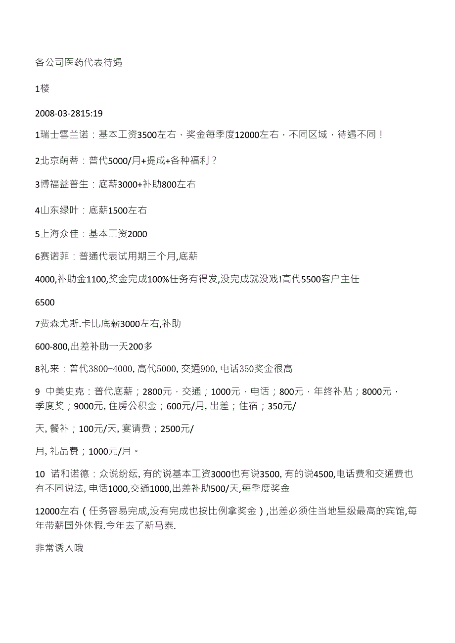 各公司医药代表待遇_第1页