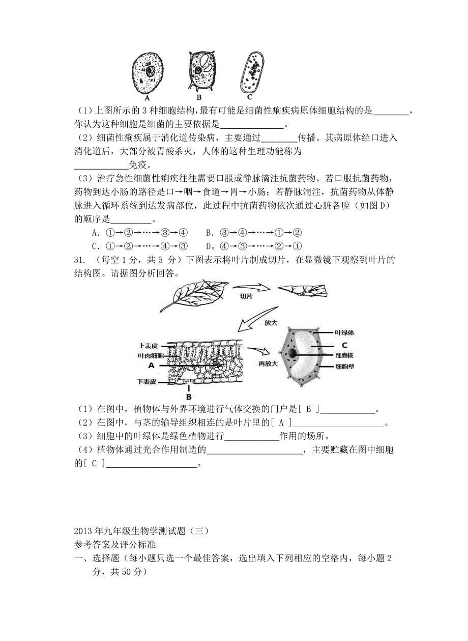 中考生物模拟测试试题(三)-新人教版_第5页