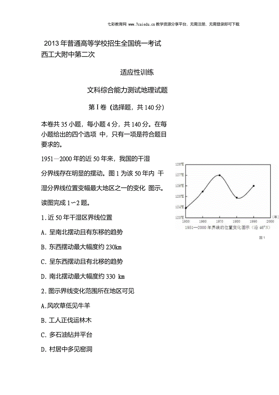 陕西西工大附中高三上第二次适应性训练文综地理_第1页