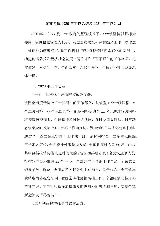 某某乡镇2020年工作总结及2021年工作计划