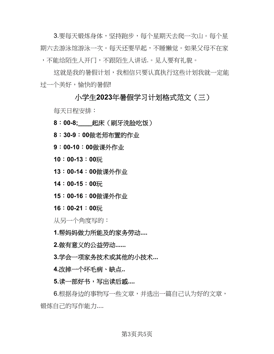 小学生2023年暑假学习计划格式范文（4篇）_第3页